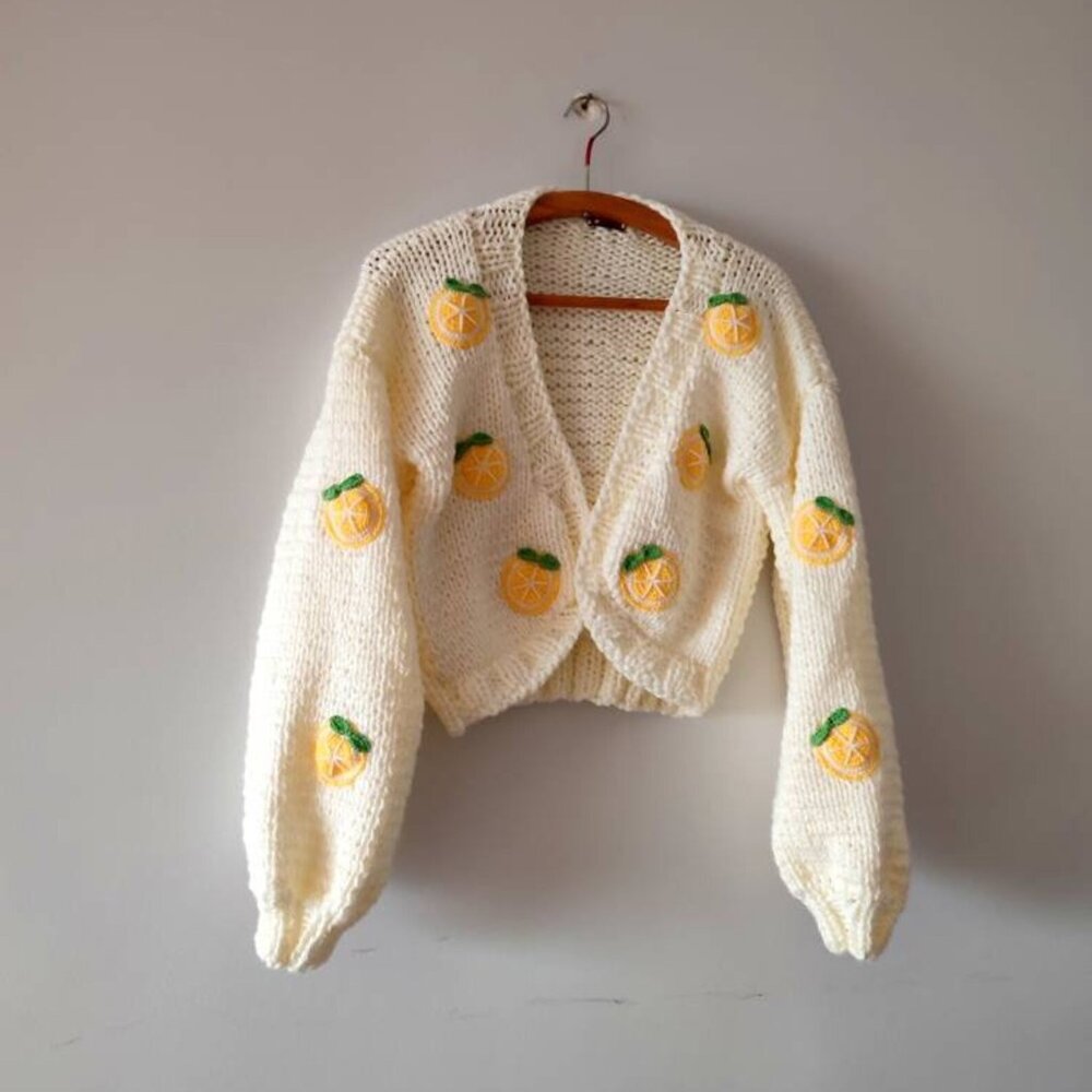 Lemon slice embroidery woman trendy cardigan,